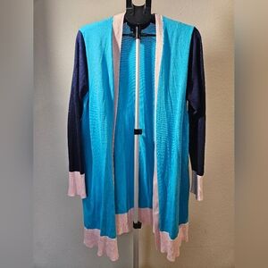 Lands' End Blue and Pink Open Front Cardigan